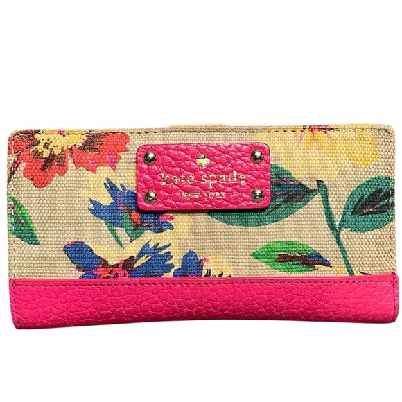 Kate Spade Floral Burlap Bifold Snap Long Wallet w/ Pink Leather Trim & Interior - Picture 1 of 9